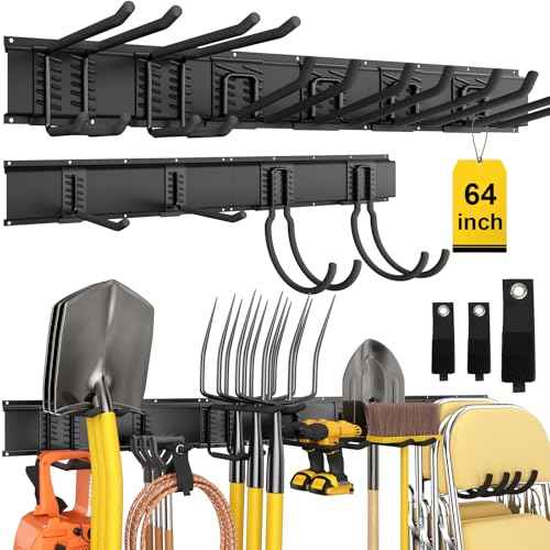 64" Garage Tool Organizer Wall Mount, 720lbs Garden Tool Organizer with 10 Adjustable Hooks, Heavy Duty Garage Tool Storage Rack for Yard, Shed (4 Racks, 10 Hooks, 3 Straps)
