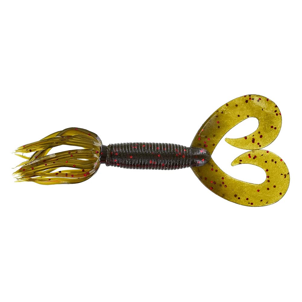 Yamamoto 5' Double Tail Hula Grub - Realistic Easy-To-Use Soft Plastic Fishing Lure Bait With Free-Flowing Skirt - 10 Pack, Green Pumpkin With Large Red Flake