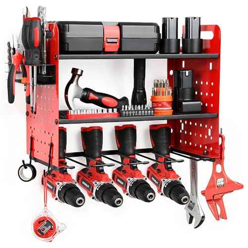 Power Tool Organizer Wall Mount, 3 Layer Shelves Storage with 4 Drill Holders Wall Mount/Drill Bit/Screwdriver Rack, 4 Hooks for Garage, Workshop, Tool Room