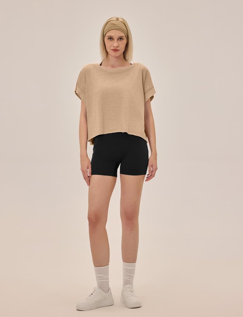 UNIANKIYA Open Back Workout Tops for Women Loose Fit Athletic Crop Tee Short Sleeve Gym Running Yoga Shirt Khaki