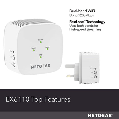 NETGEAR WiFi Extender Booster, Range Extender, WiFi Repeater - Boost Network Coverage & Increase WiFi Speed To 1.2 Gbps, Easy Setup, Compact Design, Ethernet Port (EX6110)