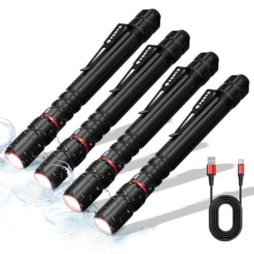 FORTO Rechargeable Pen Light Flashlight, 400 Lumens Small Pocket Flashlight with Clip, IP67 Waterproof, 2 Light Modes, 3-Color Battery Indicator, Type-C Charging, for Inspection,Emergency£¨4 Pack£©