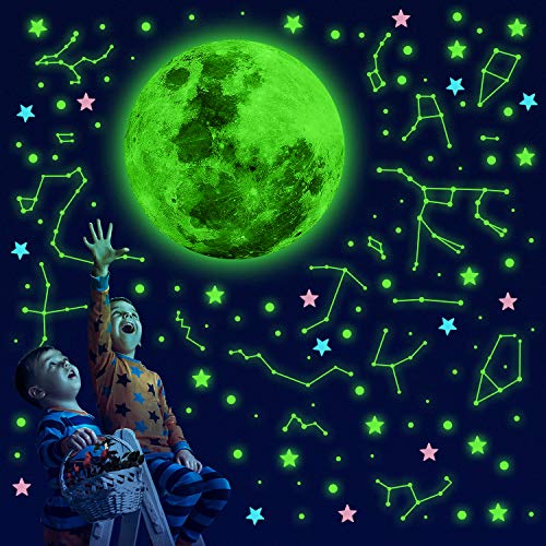 Glow in The Dark Stars for Ceiling, 100 Adhesive Bright, Realistic Glowing Ceiling Stars and a Full Moon for Starry Sky, 12 Constellations, and 407 Dots, Wall Stickers Perfect for Kids Room Decor
