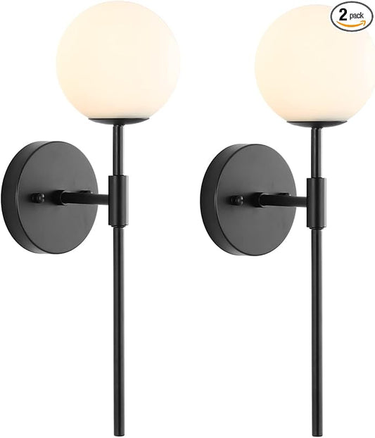 Mid Century Modern Wall Lamp 2 Pack with White Globe Glass Shades Matte Black Wall Sconce Bathroom Vanity Lighting Industrial Farmhouse Wall Light Fixtures for Mirror Bedroom Living Room