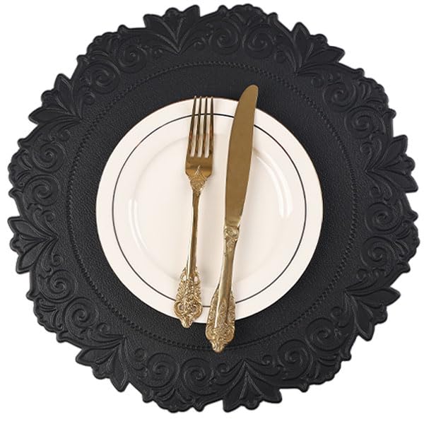 Noctiflorous Round Faux Leather 15 Inch Placemats Set of 6 Waterproof Wipeable Heat Resistant Tablemat for Dining Table Kitchen Non Slip Washable Oilproof Table Place Mat for Indoor Outdoor(Black, 6)