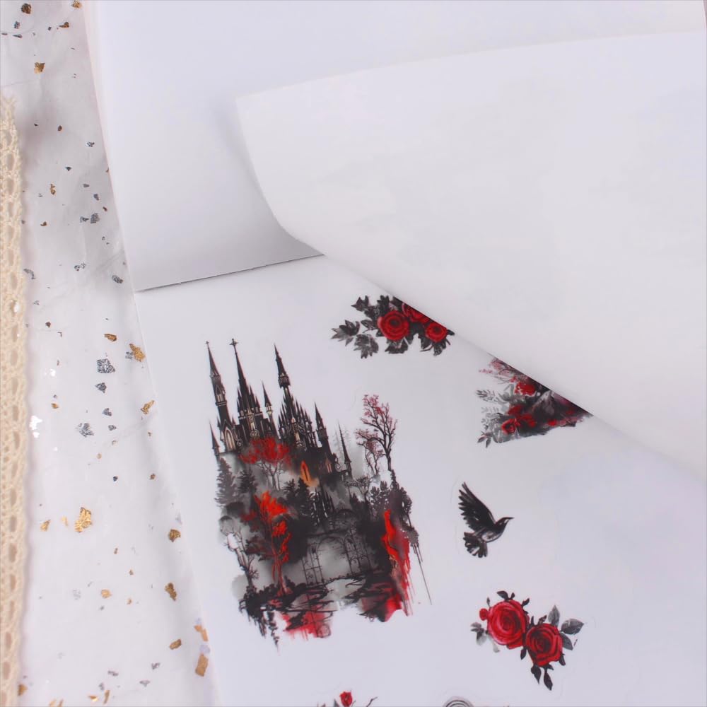 Dwetpzo Halloween Precut Scrapbook Sticker Book for Adults, Transparent PET & Writing Paper Stickers, Adhesive Sticker for Journaling, Junk Journals, Scrapbooking Supplies, 20 Sheets, A5