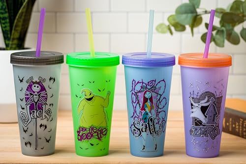 Silver Buffalo Disney Nightmare Before Christmas Character Grid 4 Pack Color Change Plastic Tumbler, 24 Ounces
