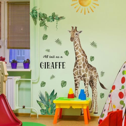 Large Giraffe Wall Decals Boho Sun Tropical Green Leaves As Tall As a Giraffe Wall Stickers for Boys Bedroom Toddler Room Nursery Daycare Classroom Wall Decor