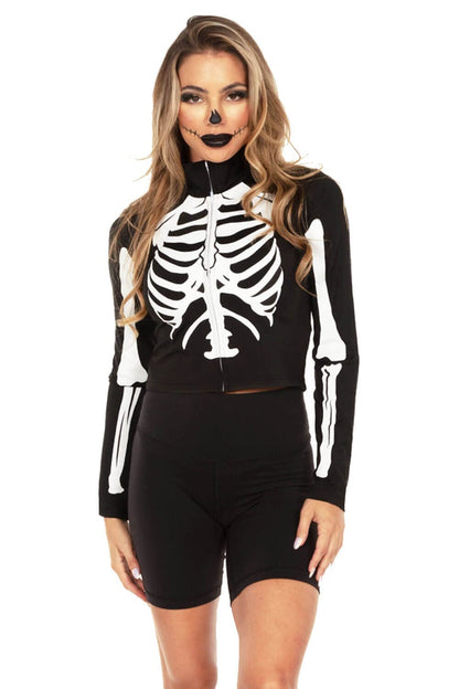 Tipsy Elves Halloween Women’s Skeleton Costume Shirt - Cute and Spooky Adult Womens Skeleton Shirts - Front Printed Ribcage and Bones Black Long Sleeve Crop Top Size Medium