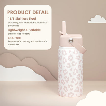 Beige Leopard Print Kids Water Bottle with Straw Lid 12oz Insulated Stainless Steel, Travel Tumbler, Gifts for Girls, Birthday, Christmas, Back to School
