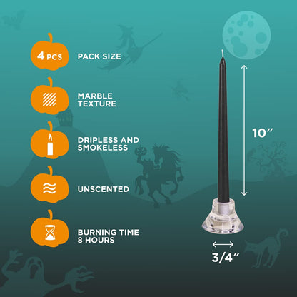 CANDWAX 10 inch Taper Black Candles Set of 4 — Dripless Tall Unscented Black Tapered Candle Sticks — Perfect for Household Decor, Dinner Centerpiece or Halloween Décor