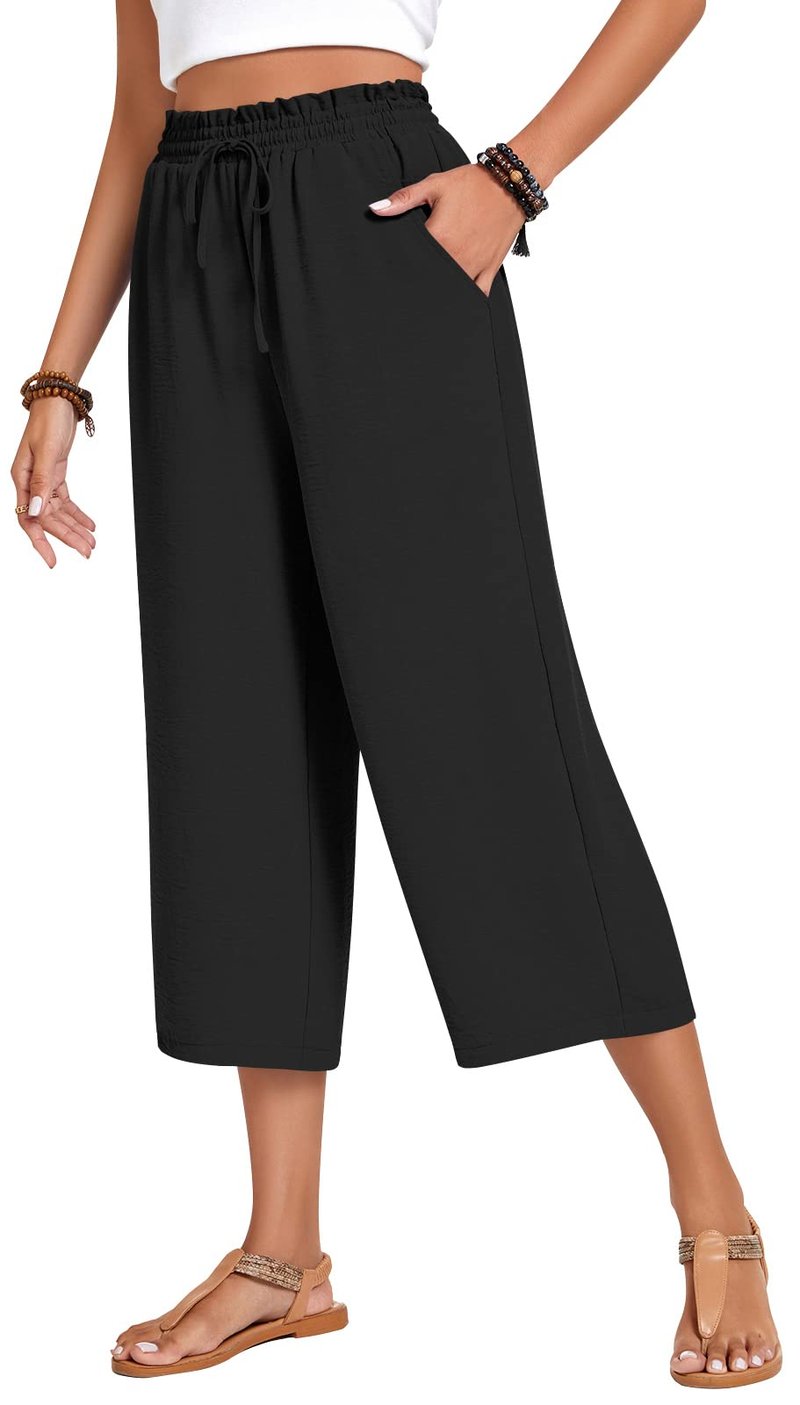 Anyhold Womens Capri Pants Loose High Waisted Wide Leg Lounge Pants Drawstring Casual Palazzo Trousers with Pockets X-Large, Black