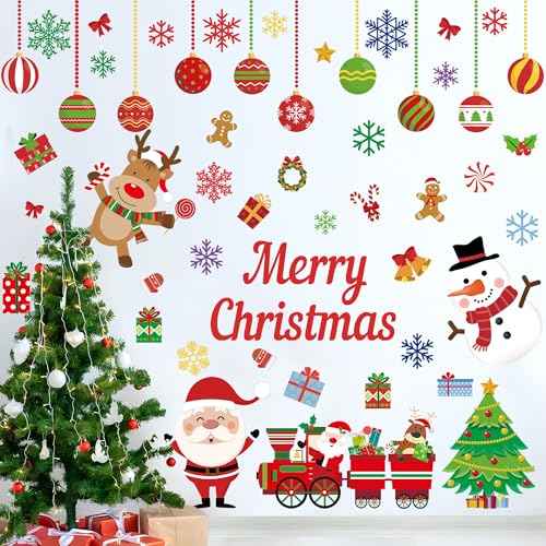 94 Pcs Christmas Wall Stickers Decals Removable Merry Christmas Wall Decorations Xmas Ball Tree Snowman Santa Reindeer Walls Decals for Xmas Party Home Office Walls Decorations