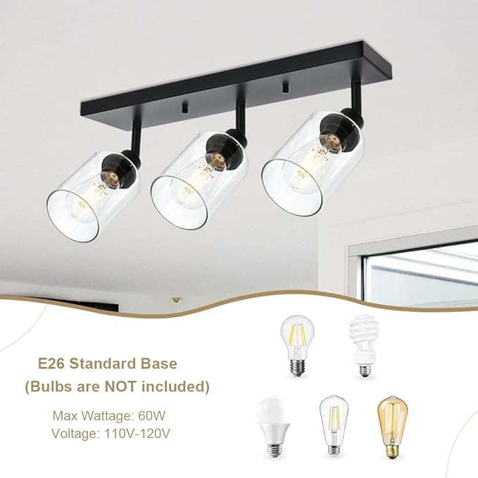 VINLUZ 3 Light Metal Bathroom Lighting in Black Finish Interior Wall Mounted Lights Multi-Directional Rotating Metal Ceiling Mount Fixture with Clear Glass Industrial Spotlight for Kitchen Foyer