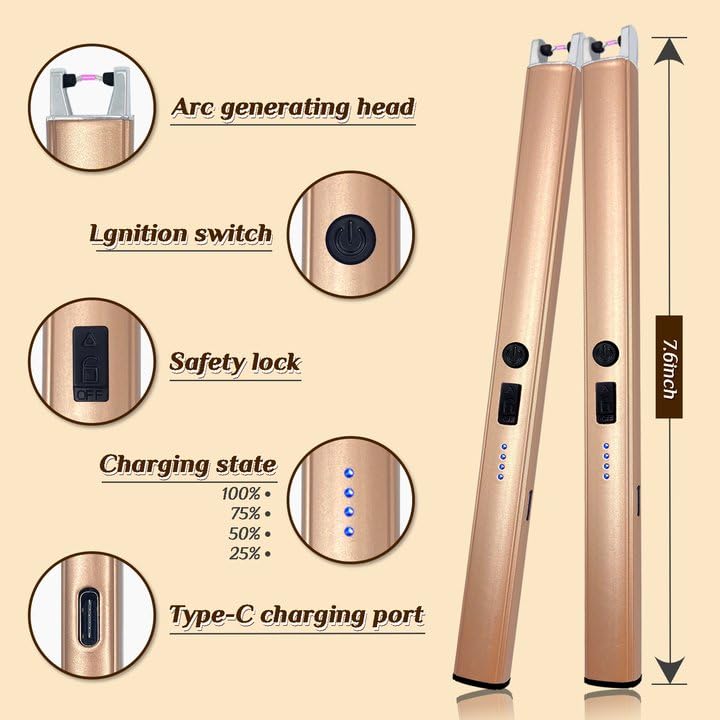 2 PCS Candle Lighter,Windproof Flameless Electric Lighter with LED Power Display ＆ Safety Switch, Upgraded Plasma USB Rechargeable Lighters for Birthday Camping BBQ (Champagne Gold)