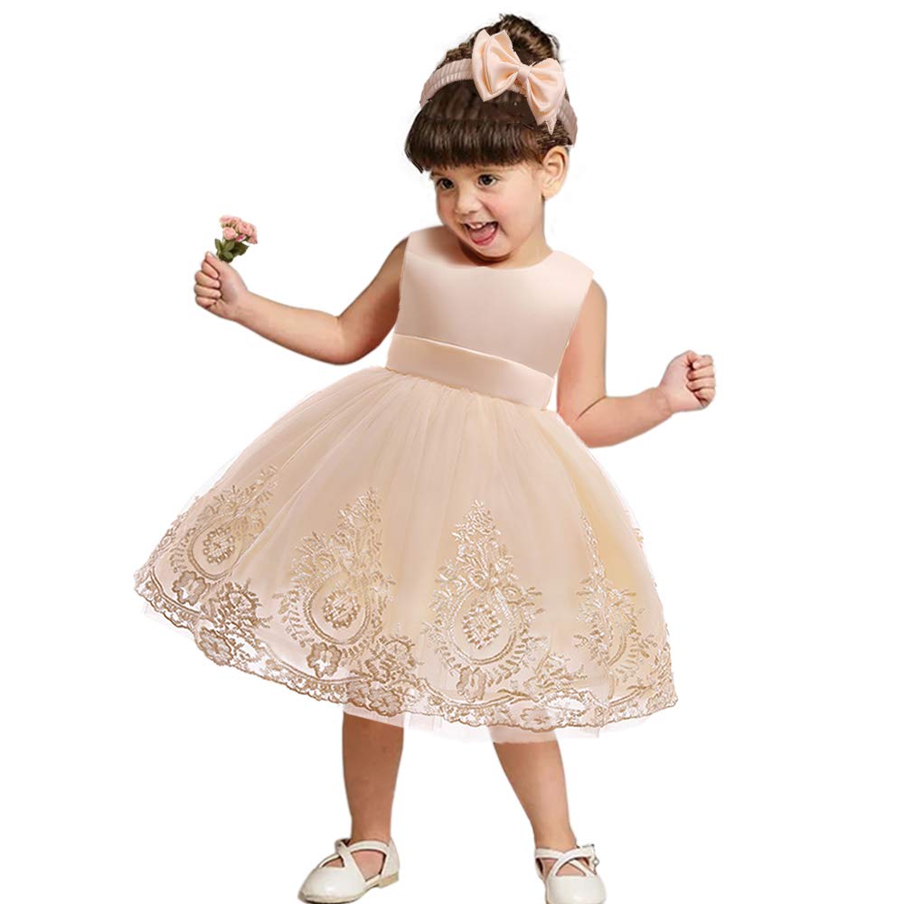 CMMCHAAH Princess Girl Lace Embroidery Bow Toddler Dresses Cute Sleeveless Prom Dresses Baby Frocks (Champagne,110)