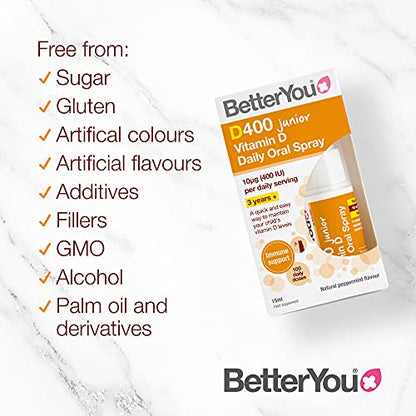 BetterYou Vitamin D 400 IU Junior Daily Oral Spray, Pill-Free Vitamin D3 Supplement for Children, 3-Month Supply, Made in The UK, Natural Peppermint Flavour (Pack of 2)