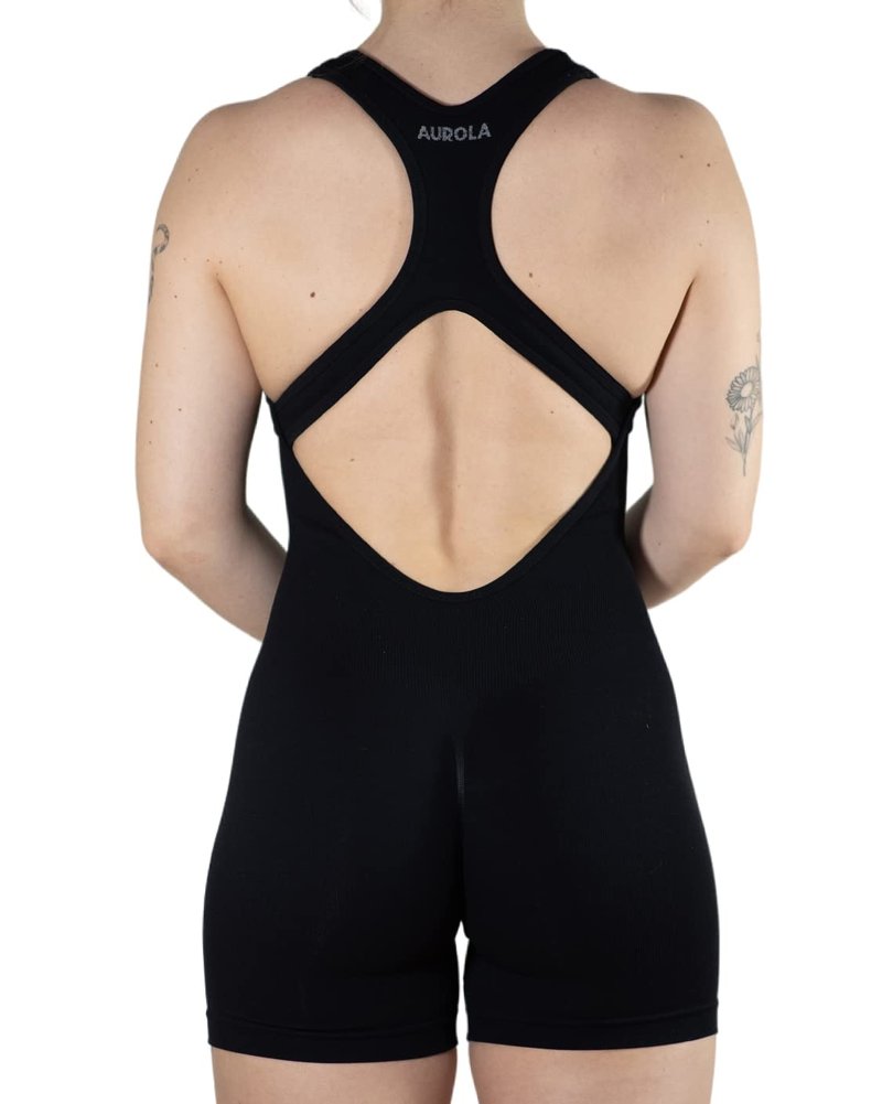 AUROLA Power Romper for Women Workout Yoga Gym Seamless One Piece Racerback Jumpsuit Tummy Control Padded Sports Bra,Black,M