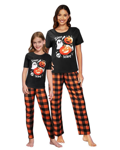 MyFav Womens Pajamas Halloween Sleepwear Family Matching Short Sleeve Adult Nightwear Black Orange,M