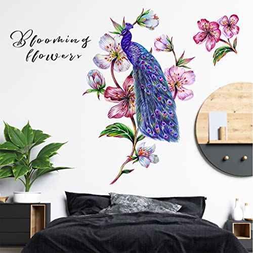 Watercolor Peacock on Flower Tree Branch Wall Decal Blue Peacock Wall Stickers Removable Living Room Girls Bedroom Office Sofa TV Background Wall D?cor