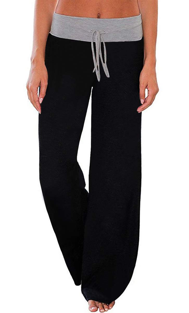 AMiERY Womens Pajamas Pants Solid Juniors Wide Leg Palazzo High Waisted Jogger Pants Sleep Lounge Pants Black M