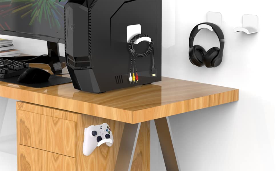 HomeMount Headphone Stand Headset Holder - Adhesive Gaming Headphone Hanger Hook Desk Mount for Most Headphone & Controller (White)