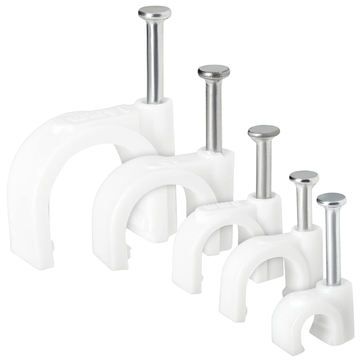 Juvale 500-Pack Round Cable Wire Clips for Wall Mounting, Extension Cord Holders, and Cable Management Staples in 5 Sizes for RJ45 Ethernet Connectors, Nails Included (4, 6, 8, 10 & 14mm, White)