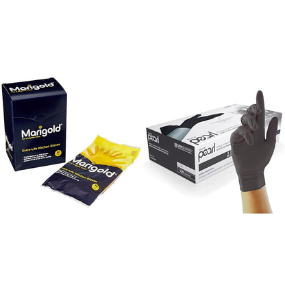 Marigold GLOVES KITCHEN MEDIUM MEDIUM | 6 PACK BUNDLE,Yellow & Unigloves Black Pearl Nitrile Examination Gloves - Multipurpose