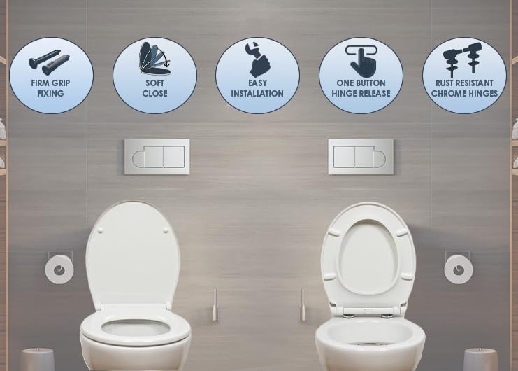 AQUALONA® Premium Thermoplastic Toilet Seat - Soft Close - Hard-Wearing Seat with One Button Hinge Release - Click, Lift & Clean Technology - Top and Bottom Fittings (White - Oval Shaped)