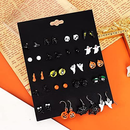 24 Pairs Halloween Earrings for Women Bat Witch Cat Earrings Set Spider Web Pumpkin Skull Dangle Earring Halloween Jewelry Accessories Costumes
