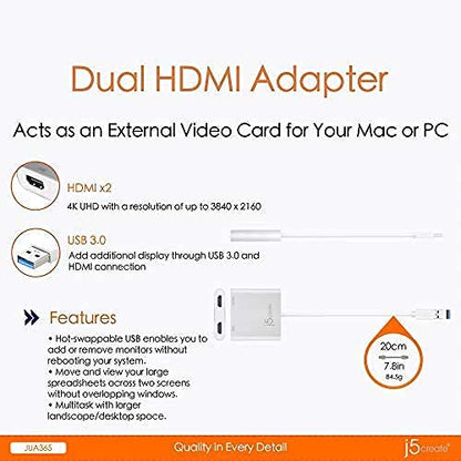 j5create USB to HDMI Adapter - Dual HDMI USB 3.0 Multi-Monitor Cable | 4K + 1080p | Compatible with Windows and macOS (JUA365)