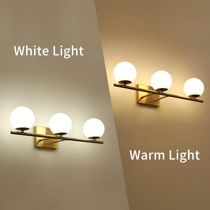 New Bathroom Vanity Light 3 Lights Fixtures Brushed Brass Milk White Globe Glass Shade Modern Wall Bar Sconce Over Mirror (Exclude G9 Bulb)
