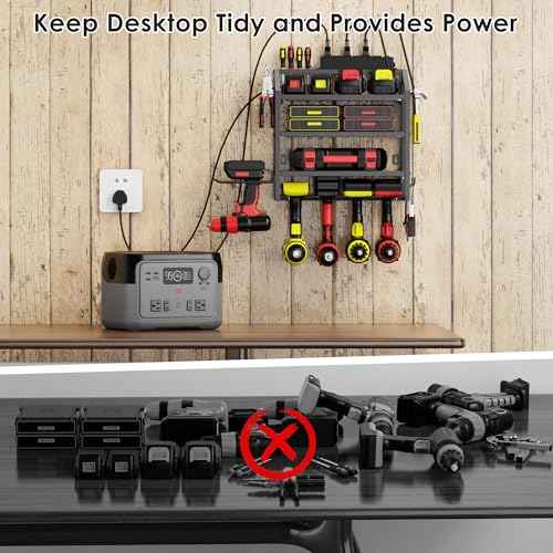 Power Tool Organizer Wall Mount with Charging Station, 4 Layer Storage Rack and Tool Holder for Garage Organization, 6 Drill Holder Wall Mount, 4 Hooks and 6 Outlet Power Strip, Great Men's Gift