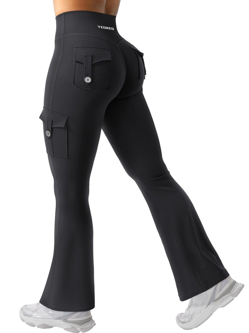 YEOREO CoreFlex Women Workout Flare Leggings with Pockets Scrunch Cargo Gym Yoga Leggings Black XXL