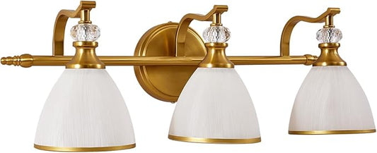 ANDY STAR Bathroom Light Fixture, 3-light Brass Vanity Light, Vintage Bathroom Lights Over Mirror with Crystal Beads, Wall Sconce Lighting with Frosted Milky Glass Shade, E26 Base (Bulbs Not Included)