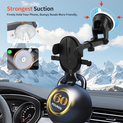 Car Phone Holder[Upgraded Powerful Suction & Stable Clamp Arm]-360°Adjustable Universal Car Mount for Dashboard/Windshield,Compatible with All iPhone & Android Phones(Black)