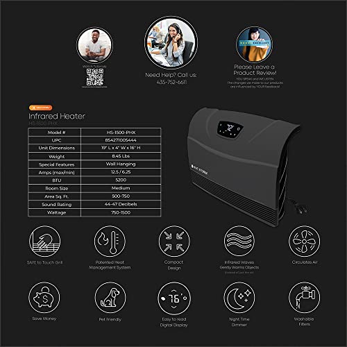 Heat Storm Phoenix HS-1500-PHX, Infrared Space Heater with Attachable Feet, Remote Control, Energy Efficient-750-1500 Watts, Gray Floor or Wall