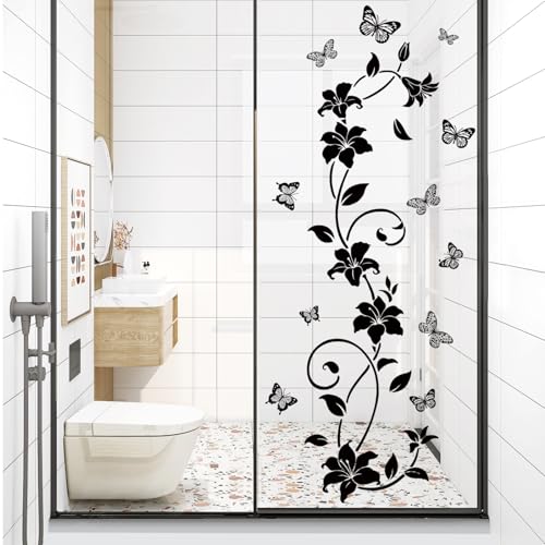 SHUCHING Black Flower Vine Butterfly Wall Decals Peel and Stick, Vinyl Simplicity Floral Wall Sticker, Wall Decor Art Home Decoration for Bedroom Living Room Office