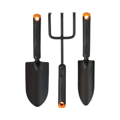 Fiskars 3-Piece Garden Tool Set - Trowel, Transplanter, Cultivator, Rust-Resistant Steel Heads, Ergonomic Handles for Planting, Digging, and Aerating Soil