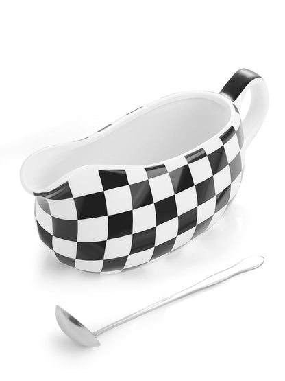 LoeJan Gravy Boat with Spoon, Ceramic Sauce Serving Dish, Easy-Pour Big Dripless Lip Spout Serveware Set For Salad Cream Milk Broth Black Pumpkin Thanksgiving