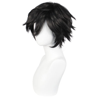 ANOGOL Hair Cap+ Short Black Wig for Men Short Black Men's Wigs for Cosplay Black Anime Cosplay Wig Layered Black Party Wigs with Bangs for Halloween Costume Christmas Peluca Negra Synthetic Hair