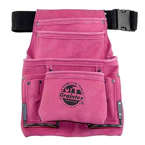 Graintex SS2186 10 Pocket Nail & Tool Pouch Pink Color Suede Leather with 2?¢æ Webbing Belt for Constructors, Electricians, Plumbers, Handymen