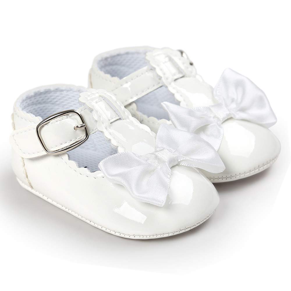 LACOFIA Infant Baby Girls T-Bar Anti-Slip Bowknot Princess Christening Shoes, A White, 6-12 Months