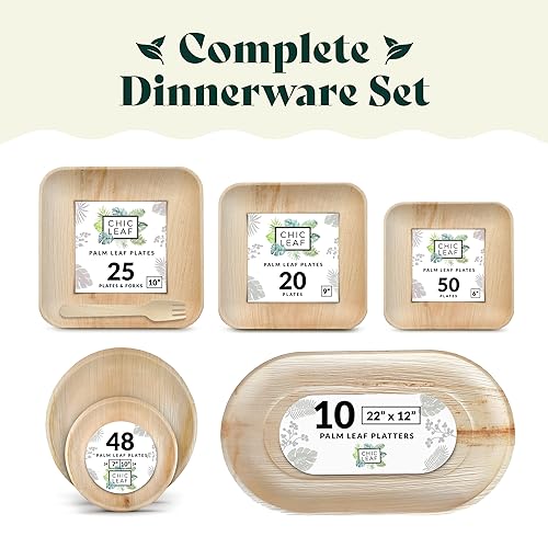 Chic Leaf Compostable & Biodegradable Palm Leaf Disposable Bamboo Plates for 4th of July- Disposable Party Plates for Appetizers - Camping Essentials - Reusable Party Supplies (10 & 7 Inch Square)