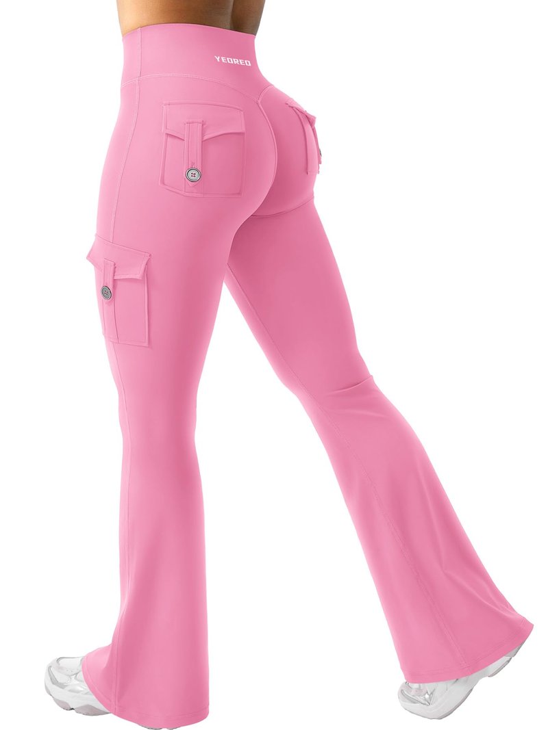 YEOREO CoreFlex Women Workout Flare Leggings with Pockets Hidden Scrunch Cargo Gym Yoga No Front Seam Leggings Pink XL
