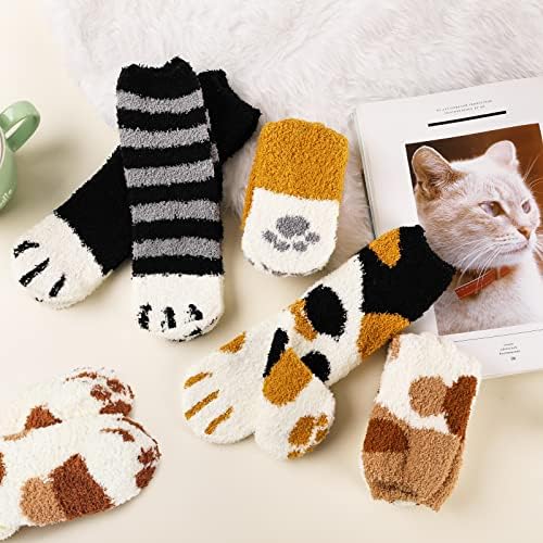 Trifabricy Fuzzy Socks for Women - 5 Pair Cute Funny Cat Fluffy Slipper Fuzzy Socks, Women's Warm Soft Cozy Cat Paw Sock for women