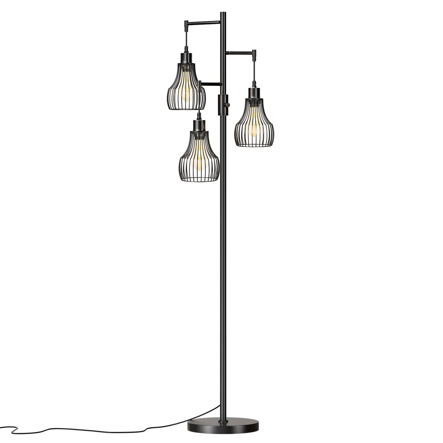 Dimmable Floor Lamp, 3 x 800LM LED Edison Bulbs Included, Farmhouse Industrial Floor Lamp Standing Tree Lamp with Elegant Cage Tall Lamps for Living Room Bedroom Office - Black