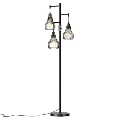 Dimmable Floor Lamp, 3 x 800LM LED Edison Bulbs Included, Farmhouse Industrial Floor Lamp Standing Tree Lamp with Elegant Cage Tall Lamps for Living Room Bedroom Office - Black