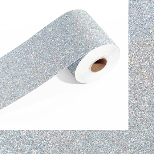 Silver Glitter Wallpaper Border, Sparkle Bulletin Board Border Self-Adhesive Decorative Trim for Classroom Bulletin Boards Poster Frames Mirrors Cabinets Blackboards Shiny Sparkle Design
