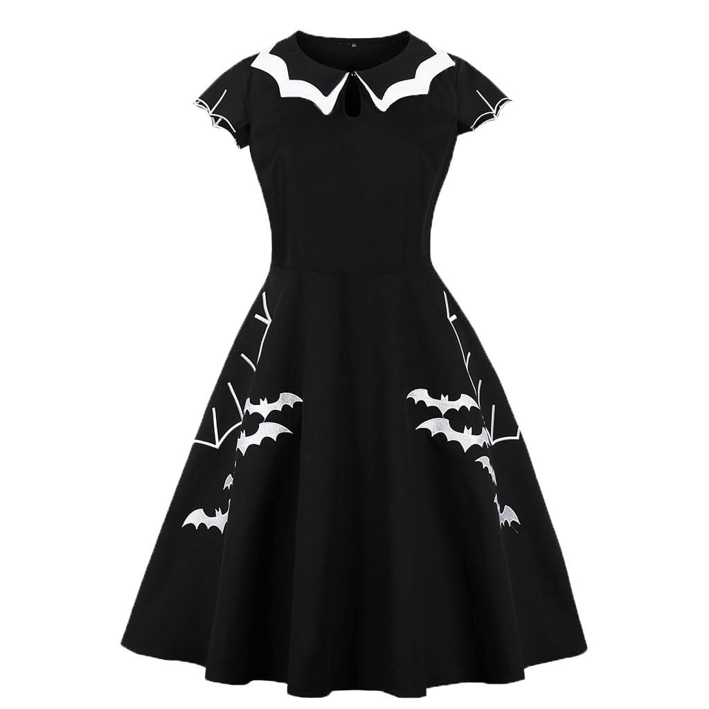 Wellwits Women's Bat Spider Web Embroidery Halloween Vintage Dress Black S